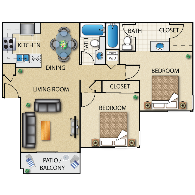 Floor plan for 2 beds, 2 baths, 1018 sqft
